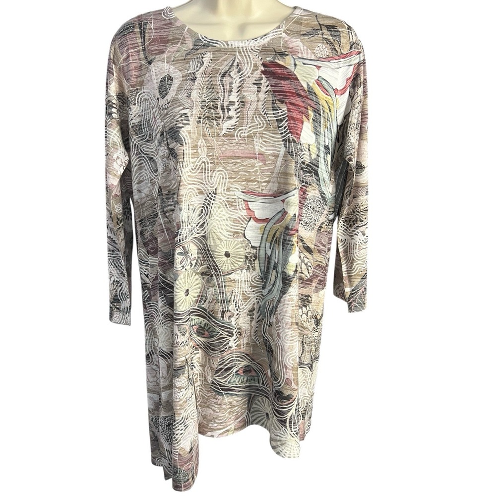 Inoah Tunic Top Women's‎ Small Abstract Art 3/4 Sleeve Asymmetrical Lagenlook
